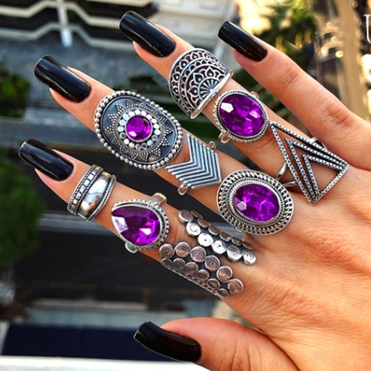 Bohemian Vintage Ring Set with Metal and Crystals