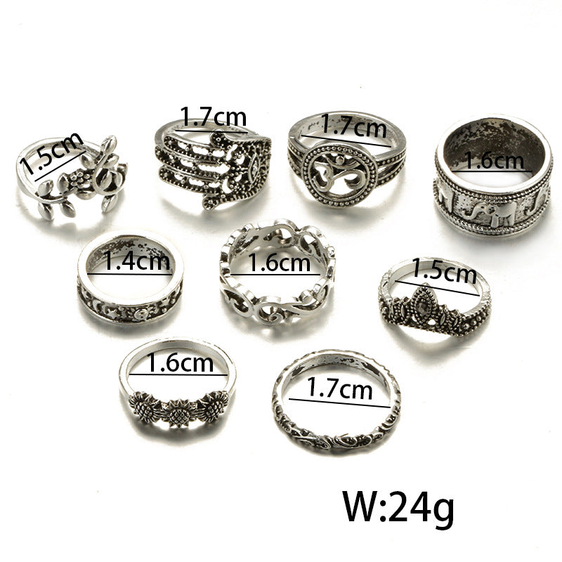Bohemian Vintage Elephant Crown Ring Set (9 Pieces)
