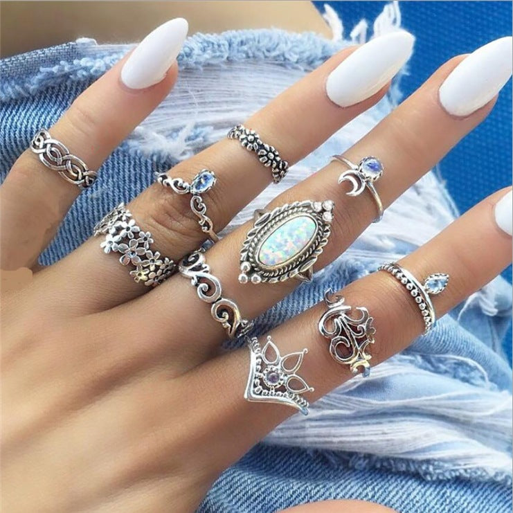 Bohemian Vintage Ring Set with Metal and Crystals