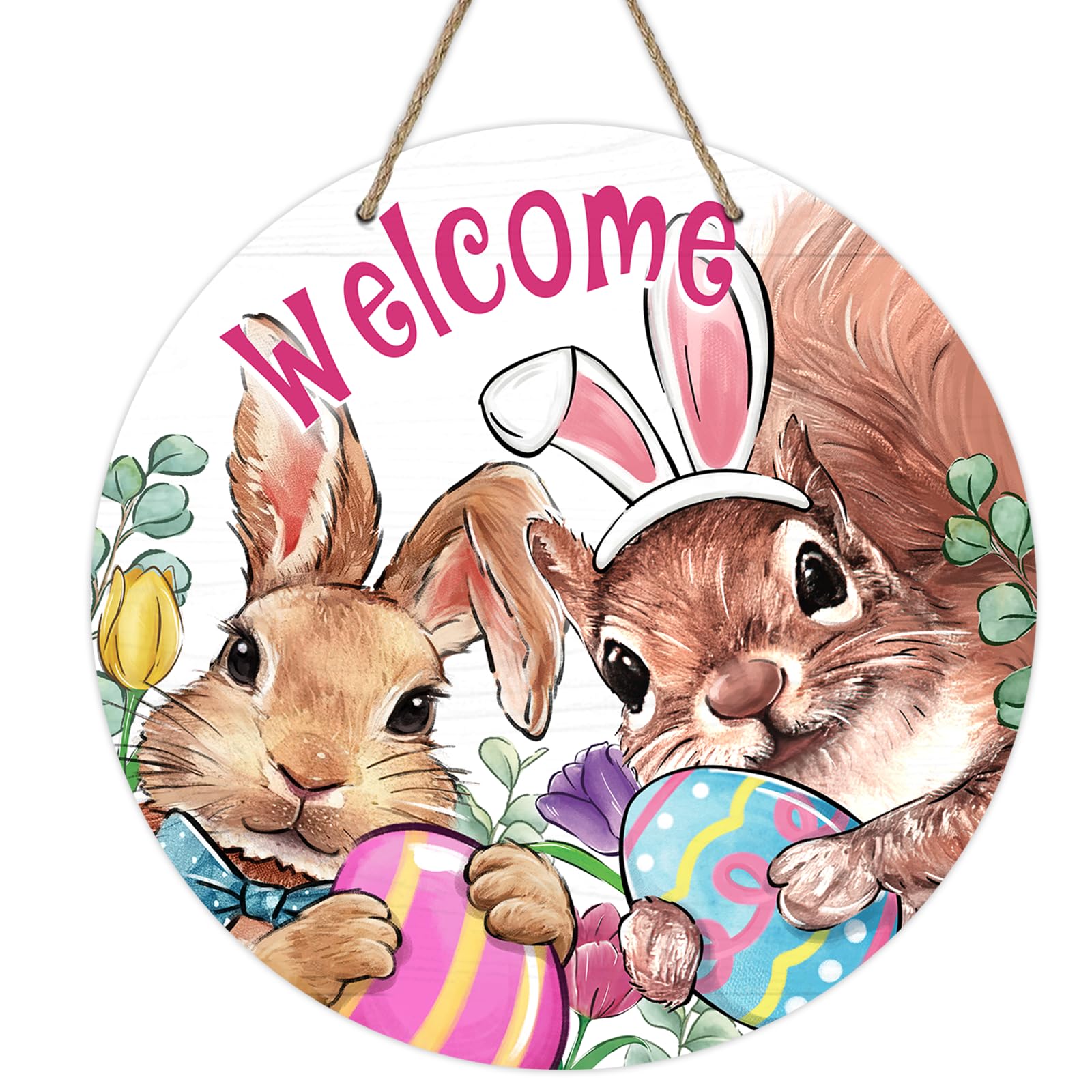 Wooden Wreath Hanging Decoration- Easter Squirrel Easter Eggs