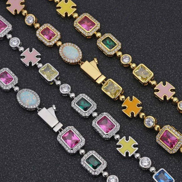 Gold-Plated Hip-Hop Gemstone Necklace & Bracelets