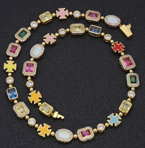 Gold-Plated Hip-Hop Gemstone Necklace & Bracelets