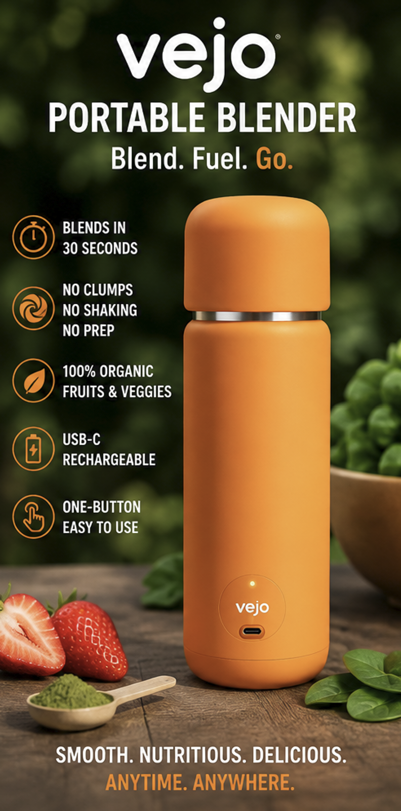 Vejo Portable Blender – Fresh Nutrition in 30 Seconds | No Shaking | No Clumps | No Prep | Easy One-Button Design | USB Rechargeable Blender (Orange)