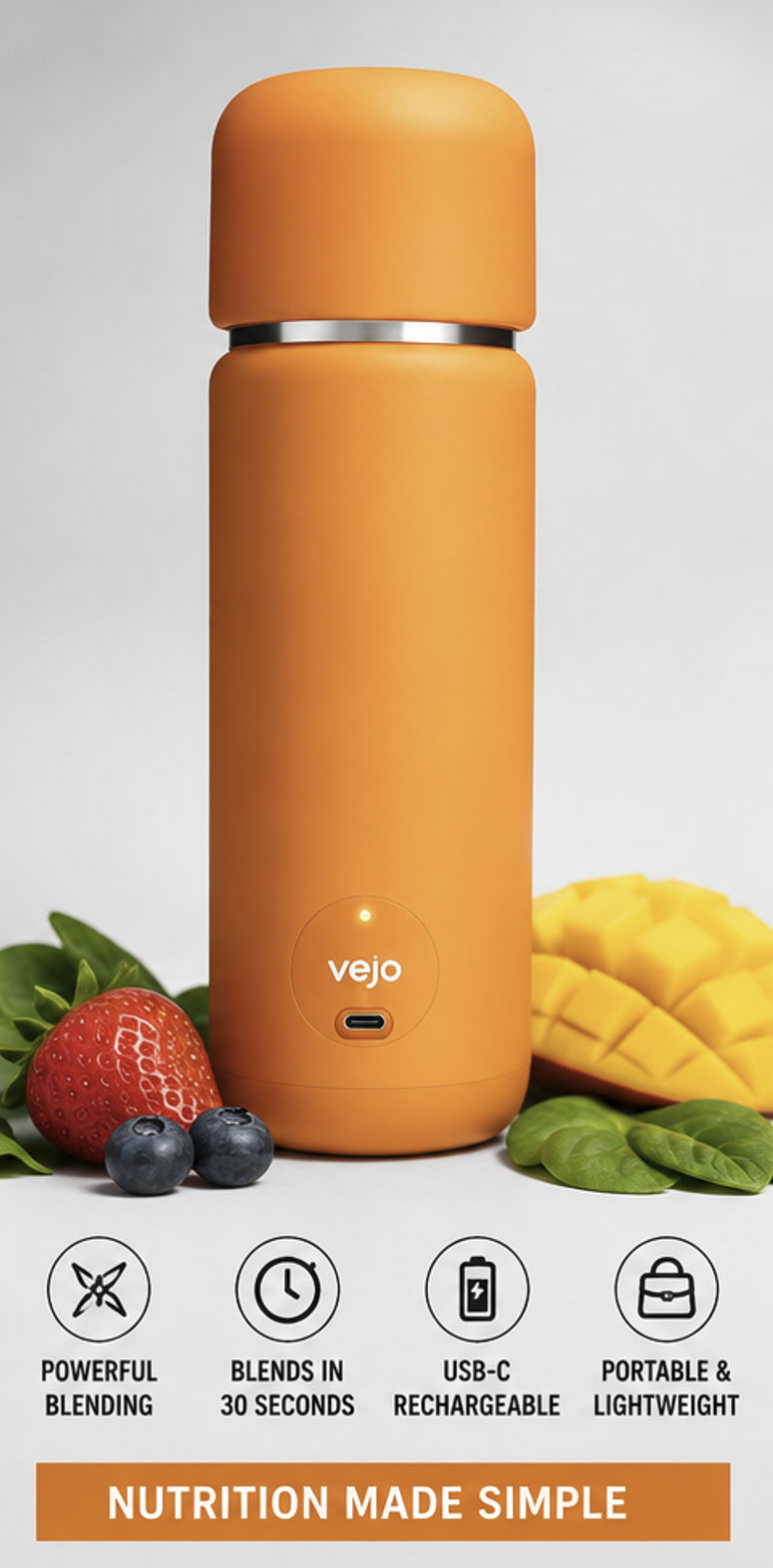 Vejo Portable Blender – Fresh Nutrition in 30 Seconds | No Shaking | No Clumps | No Prep | Easy One-Button Design | USB Rechargeable Blender (Orange)