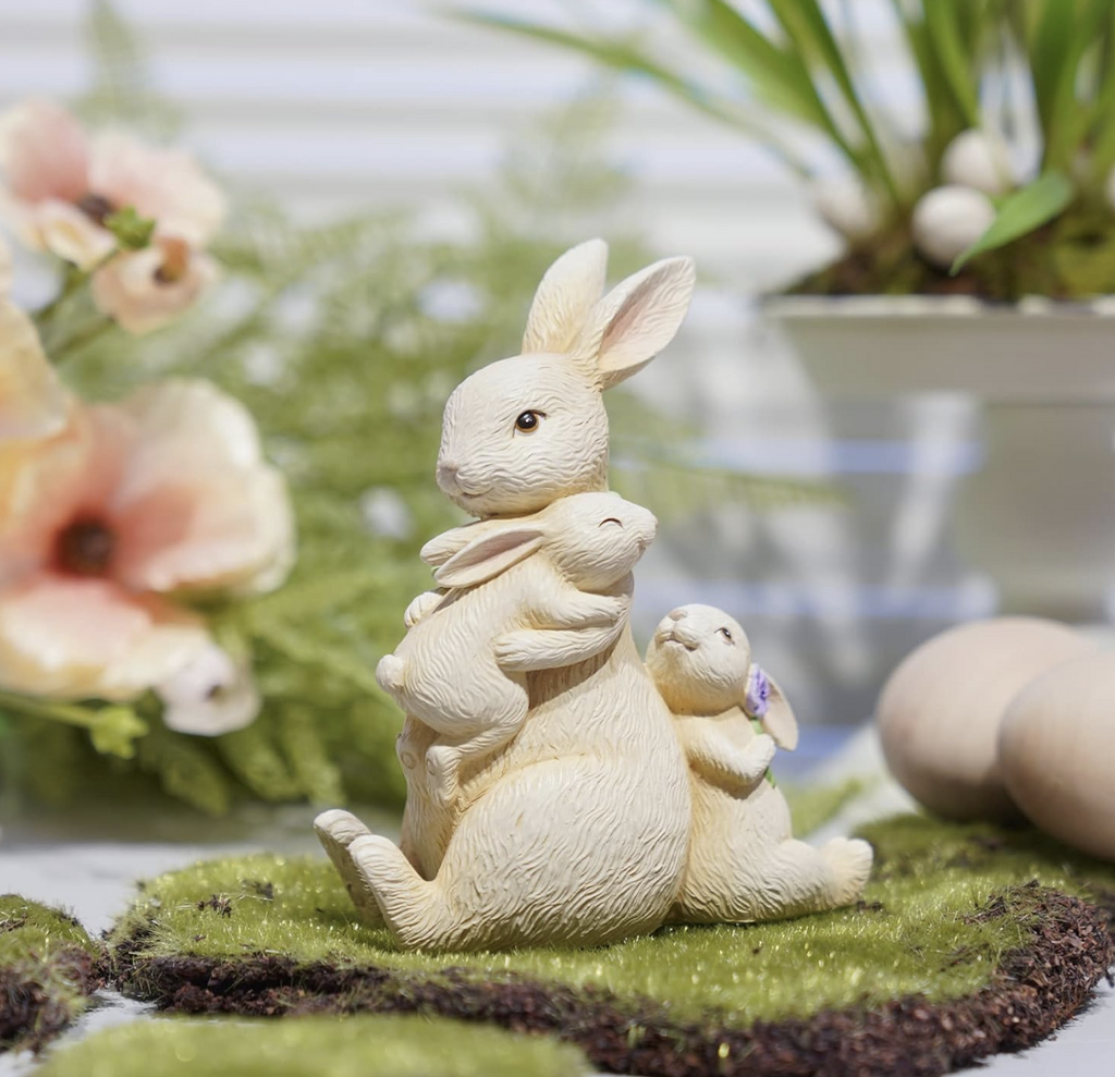 Family Bunny Figurine - Tabletop Sitting Bunny Decor (Mom with Kids)
