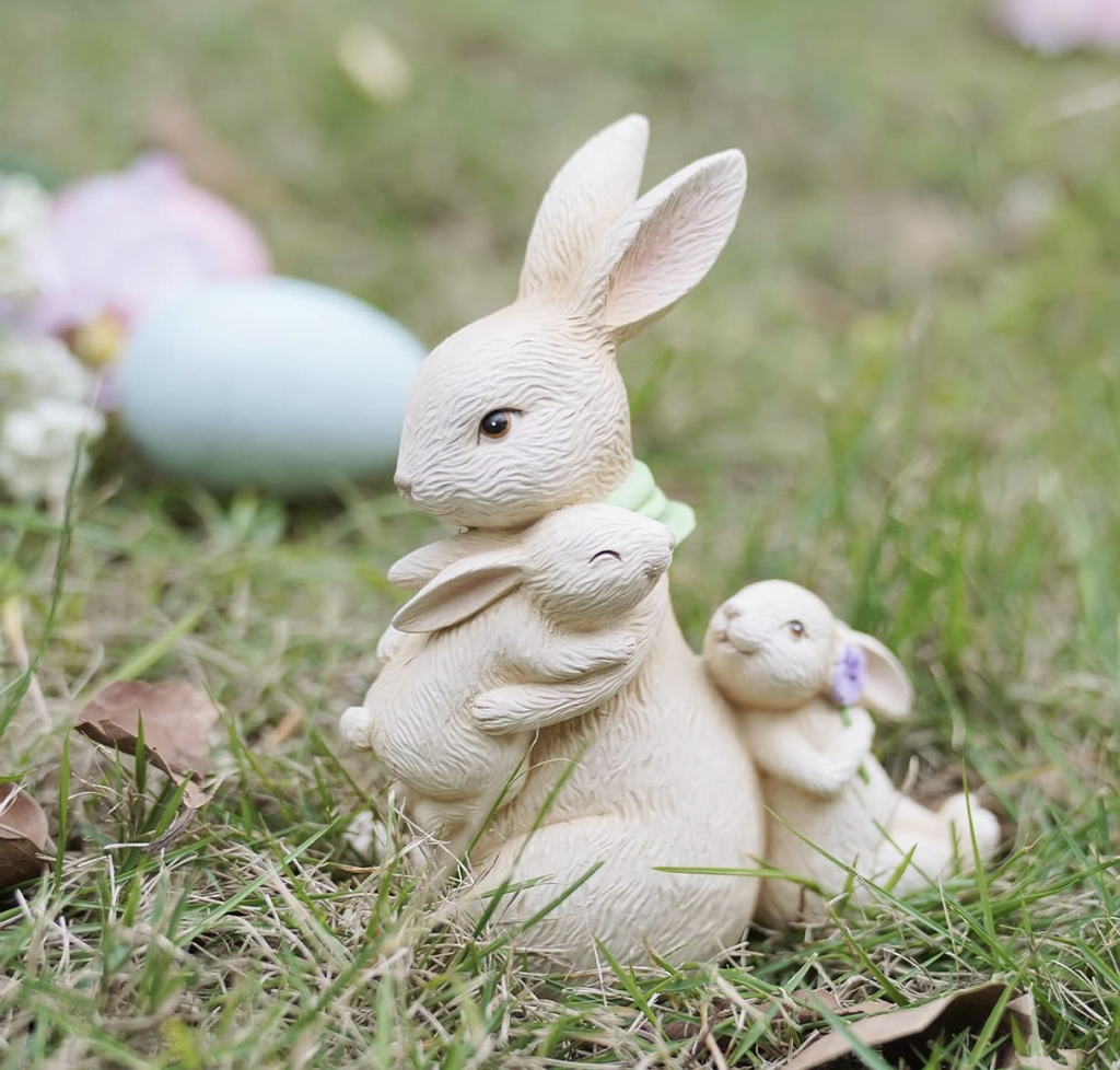 Family Bunny Figurine - Tabletop Sitting Bunny Decor (Mom with Kids)