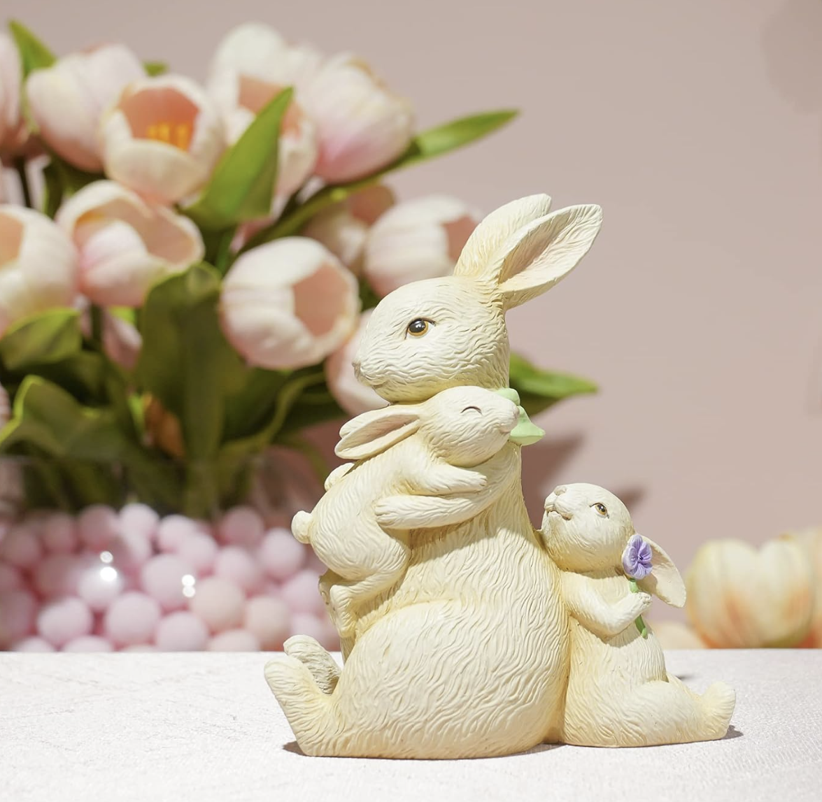 Family Bunny Figurine - Tabletop Sitting Bunny Decor (Mom with Kids)