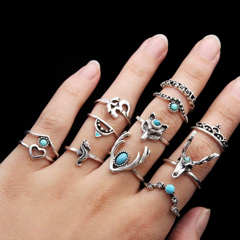 Bohemian Vintage Ring Set with Metal and Crystals