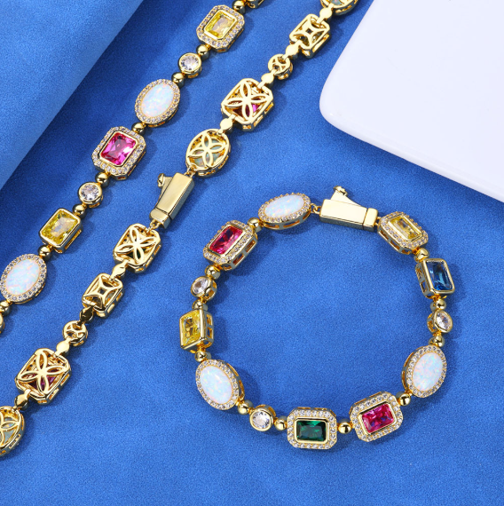 Gold-Plated Hip-Hop Gemstone Necklace & Bracelets