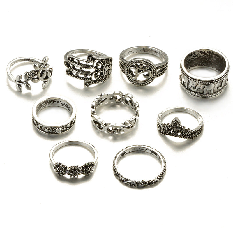 Bohemian Vintage Elephant Crown Ring Set (9 Pieces)