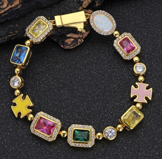 Gold-Plated Hip-Hop Gemstone Necklace & Bracelets
